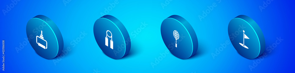 Set Isometric TPX loop training equipment, Tennis racket, Golf flag and Sport expander icon. Vector Set Isometric TPX loop training equipment, Tennis racket, Golf flag and Sport expander icon. Vector