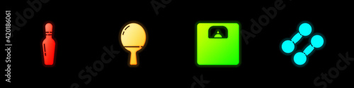 Set Bowling pin, Racket for playing table tennis, Bathroom scales and Dumbbell icon. Vector