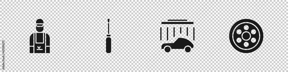Set Car mechanic, Screwdriver, wash and Alloy wheel icon. Vector