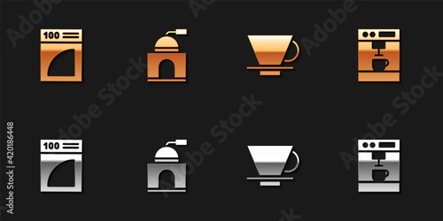 Set Coffee paper filter, Manual coffee grinder, V60 maker and machine icon. Vector