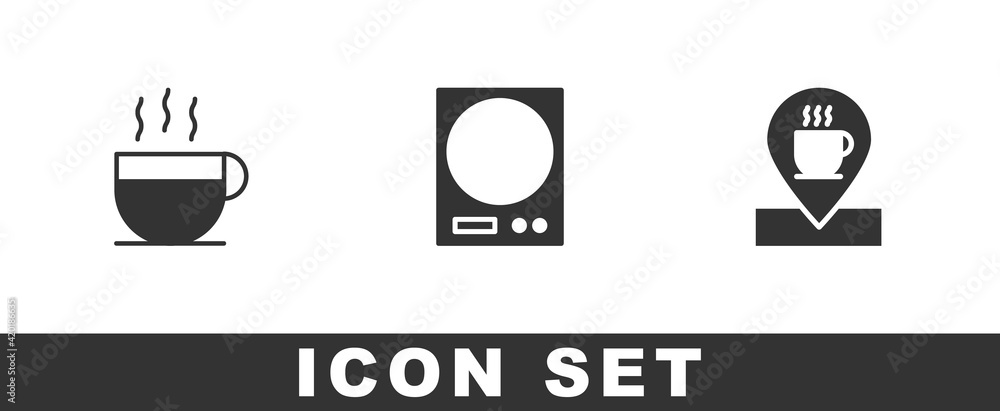 Set Coffee cup, Electronic scales and Location with coffee icon. Vector Set Coffee cup, Electronic scales and Location with coffee icon. Vector
