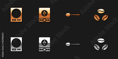 Set Electronic scales, coffee, Spoon and Coffee beans icon. Vector