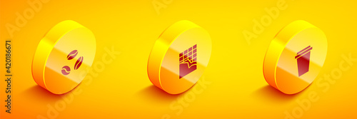 Set Isometric Coffee beans, Chocolate bar and cup to go icon. Vector