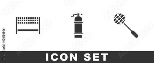 Set Ribbon in finishing line, Aqualung and Tennis racket icon. Vector