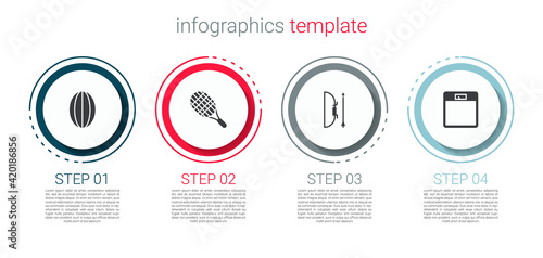 Set Rugby ball, Tennis racket, Bow and arrow in quiver and Bathroom scales. Business infographic template. Vector