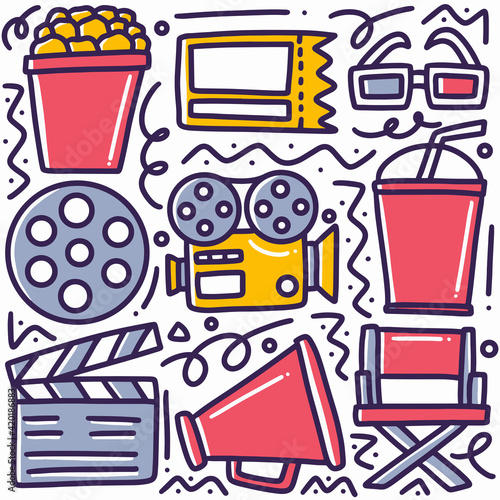hand drawn about cinema doodle set