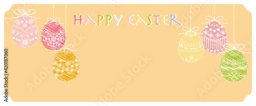  Happy easter illustration. Decorative easter egg ornaments on yellow background. Easter background for web  banner and design.                                                                                        