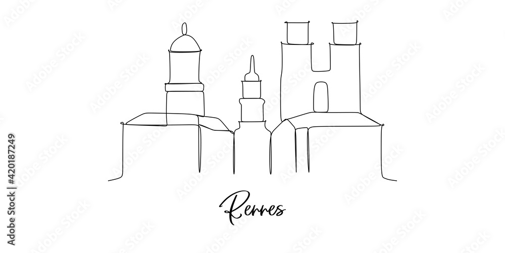 Rennes France landmarks skyline - Continuous one line drawing