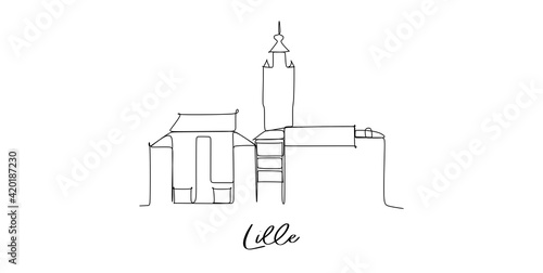 Lille France landmarks skyline - Continuous one line drawing
