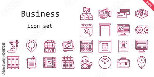 business icon set. line icon style. business related icons such as conveyor, news, calendar, exhibition, calculator, wifi, notes, lighthouse, briefcase, real estate, news reporter