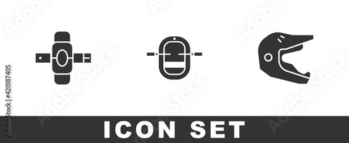 Set Knee pads, Rafting boat and Motocross motorcycle helmet icon. Vector