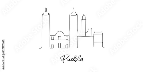 Puebla Mexico landmarks skyline - Continuous one line drawing