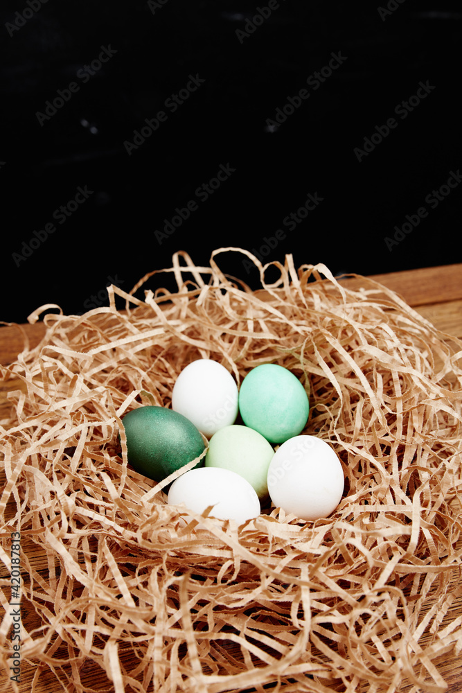 Obraz premium painted eggs in the nest easter holiday tradition close-up