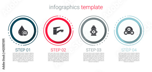 Set Recycle clean aqua, Water tap, Fire hydrant and Chemical formula for H2O. Business infographic template. Vector