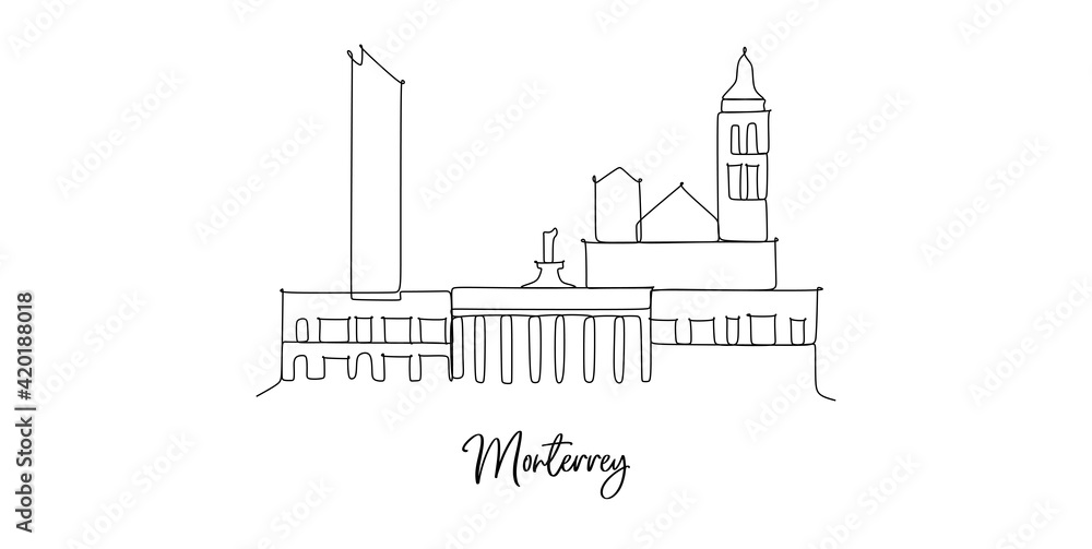 Monterrey Mexico landmarks skyline - Continuous one line drawing