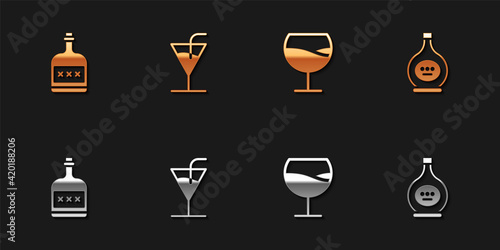 Set Alcohol drink Rum bottle, Cocktail, Wine glass and Bottle of cognac or brandy icon. Vector