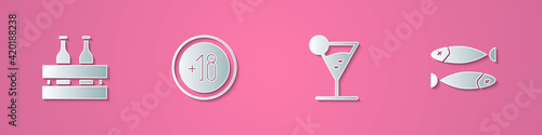 Set paper cut Pack of beer bottles, Alcohol 18 plus, Martini glass and Dried fish icon. Paper art style. Vector