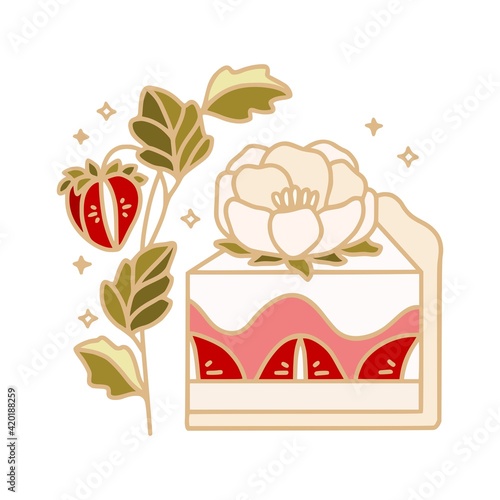 Hand drawn cake, pastry, cookie, bakery and cafe logo elements with peony flower, floral leaf and strawberry fruit isolated on white background