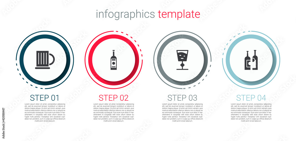 Set Wooden beer mug, Glass bottle of vodka, Wine glass and Bottles wine. Business infographic template. Vector Set Wooden beer mug, Glass bottle of vodka, Wine glass and Bottles wine. Business infographic template. Vector