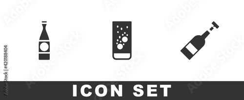 Set Beer bottle, Effervescent tablets in water and Opened of wine icon. Vector