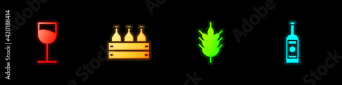 Set Wine glass, Bottles of wine wooden box, Hop and Glass bottle vodka icon. Vector