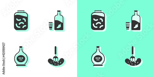 Set Pickled cucumber on a fork, cucumbers in jar, Bottle of cognac brandy and Vodka with pepper glass icon. Vector