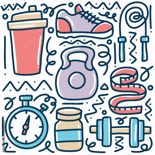 hand drawn gym sport doodle set