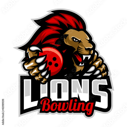 Lion Bowling design with head mascot lion holding bowling ball. Great for team or school mascot or t-shirts and others.
