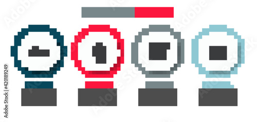 Set Chainsaw, Garden sprayer for fertilizer, Bucket and Wooden logs. Business infographic template. Vector