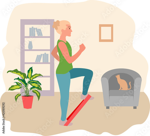Woman exercising with a resistance band at home. Workout with a resistance loop. Lady working on her leg muscles. Sports at home. Fitness exercises. Vector flat style illustration on fitness.