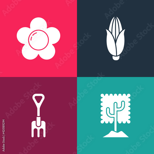 Set pop art Tree, Garden rake, Corn and Flower icon. Vector