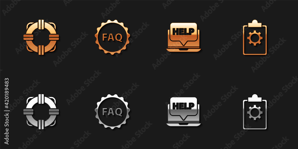 Set Lifebuoy, Label with text FAQ, Laptop and help and Checklist 24 hours service icon. Vector Set Lifebuoy, Label with text FAQ, Laptop and help and Checklist 24 hours service icon. Vector