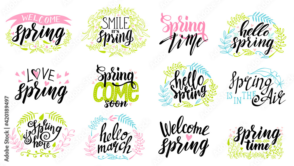 Spring time lettering typography set. Spring lettering isolated set with decorative elements. Calligraphy postcard or poster graphic design element. Hand written style card. Simple vector brush sign. Spring time lettering typography set. Spring lettering isolated set with decorative elements. Calligraphy postcard or poster graphic design element. Hand written style card. Simple vector brush sign.