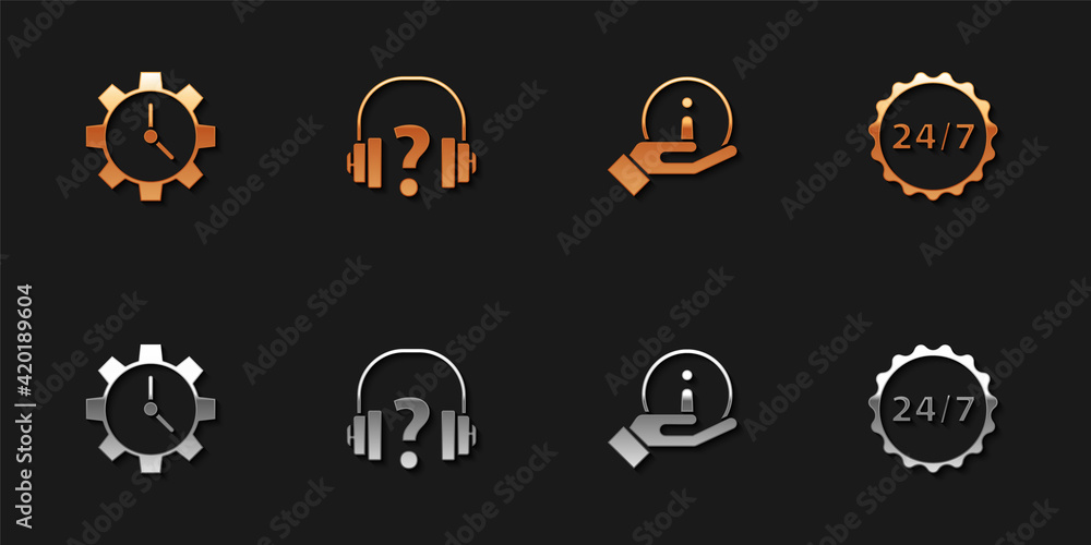 Set Time Management, Headphones, Information and Clock 24 hours icon. Vector
