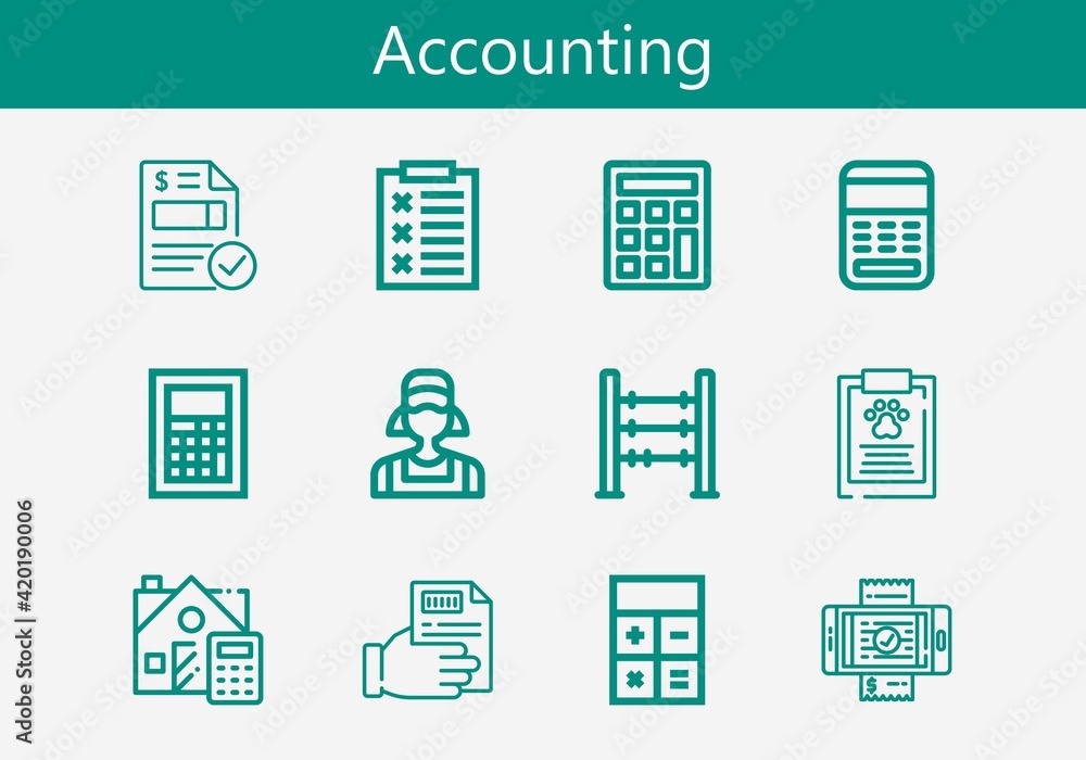 Premium set of accounting line icons. Simple accounting icon pack. Stroke vector illustration on a white background. Modern outline style icons collection of Invoice Premium set of accounting line icons. Simple accounting icon pack. Stroke vector illustration on a white background. Modern outline style icons collection of Invoice