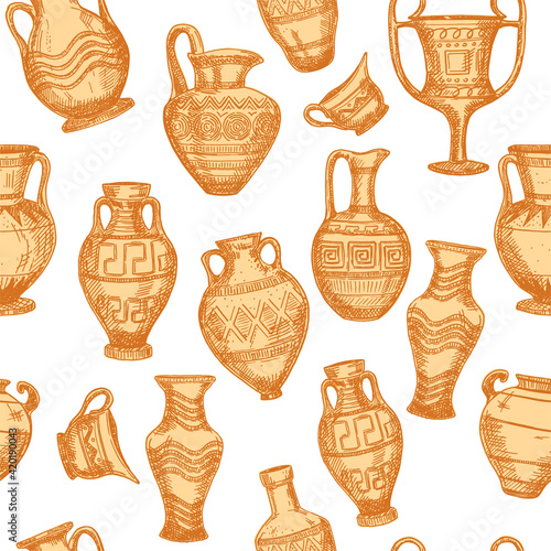 Seamless pattern with antique vases sketch. Set of clay crockery. Decorative seamless pattern with terracotta vases of different shapes and sizes. Vintage seamless background.