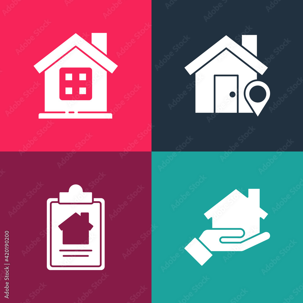 Set pop art Realtor, House contract, Location with house and icon. Vector Set pop art Realtor, House contract, Location with house and icon. Vector
