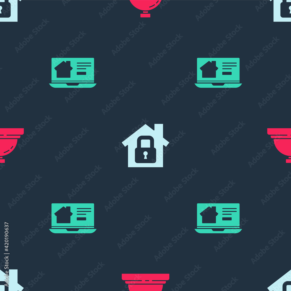 Set Hotel service bell, House under protection and Online real estate house on seamless pattern. Vector Set Hotel service bell, House under protection and Online real estate house on seamless pattern. Vector