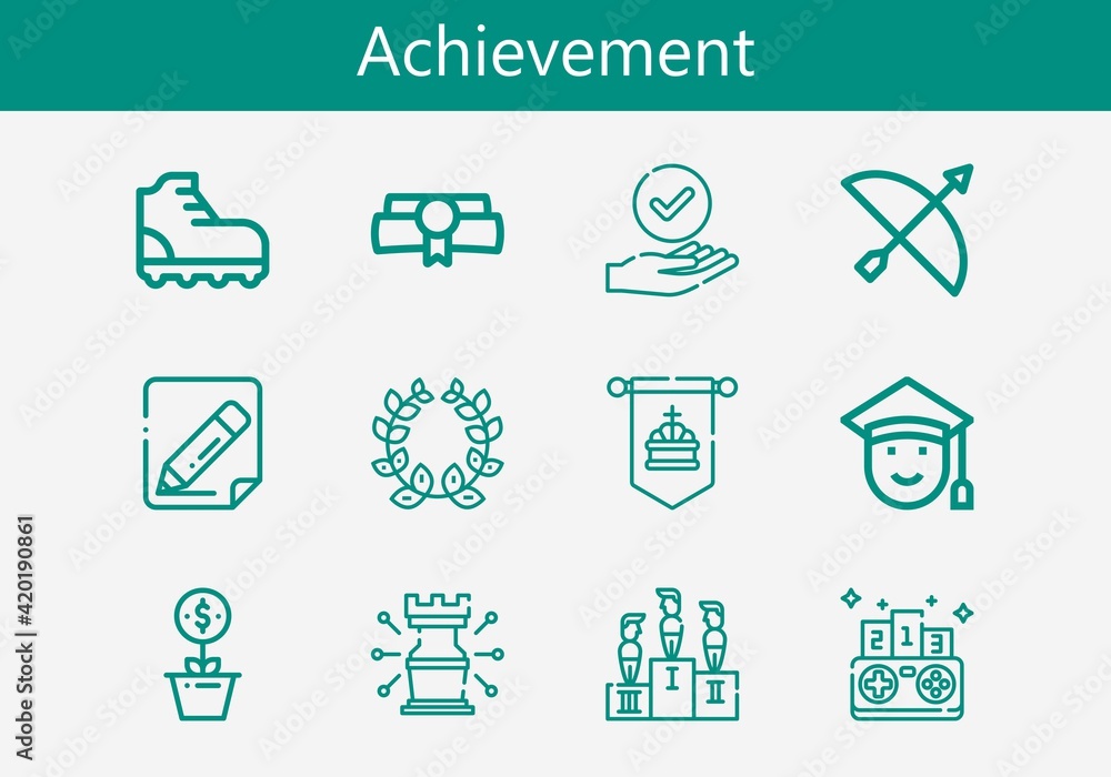Premium set of achievement line icons. Simple achievement icon pack. Stroke vector illustration on a white background. Modern outline style icons collection of Competition Premium set of achievement line icons. Simple achievement icon pack. Stroke vector illustration on a white background. Modern outline style icons collection of Competition