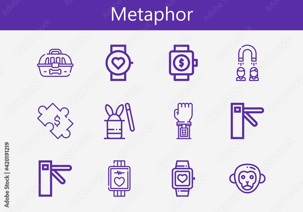 Premium set of metaphor line icons. Simple metaphor icon pack. Stroke vector illustration on a white background. Modern outline style icons collection of Magic hat, Cage Premium set of metaphor line icons. Simple metaphor icon pack. Stroke vector illustration on a white background. Modern outline style icons collection of Magic hat, Cage