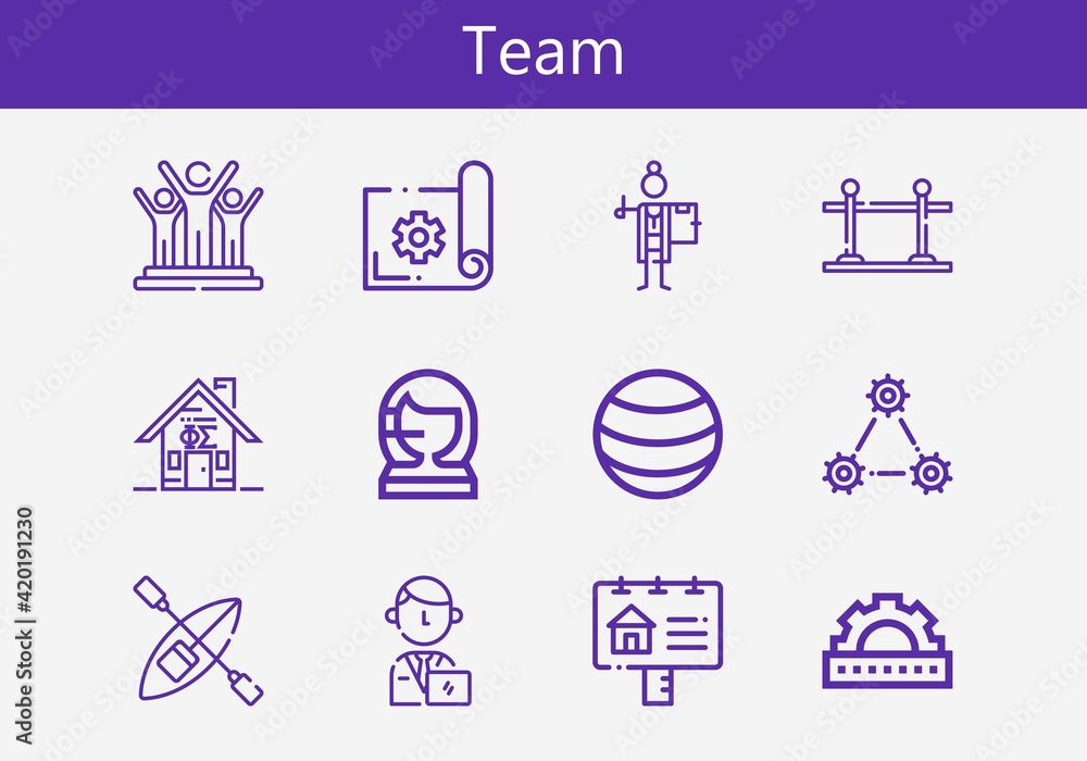 Premium set of team line icons. Simple team icon pack. Stroke vector illustration on a white background. Modern outline style icons collection of Ball, Call center, Cogwheel