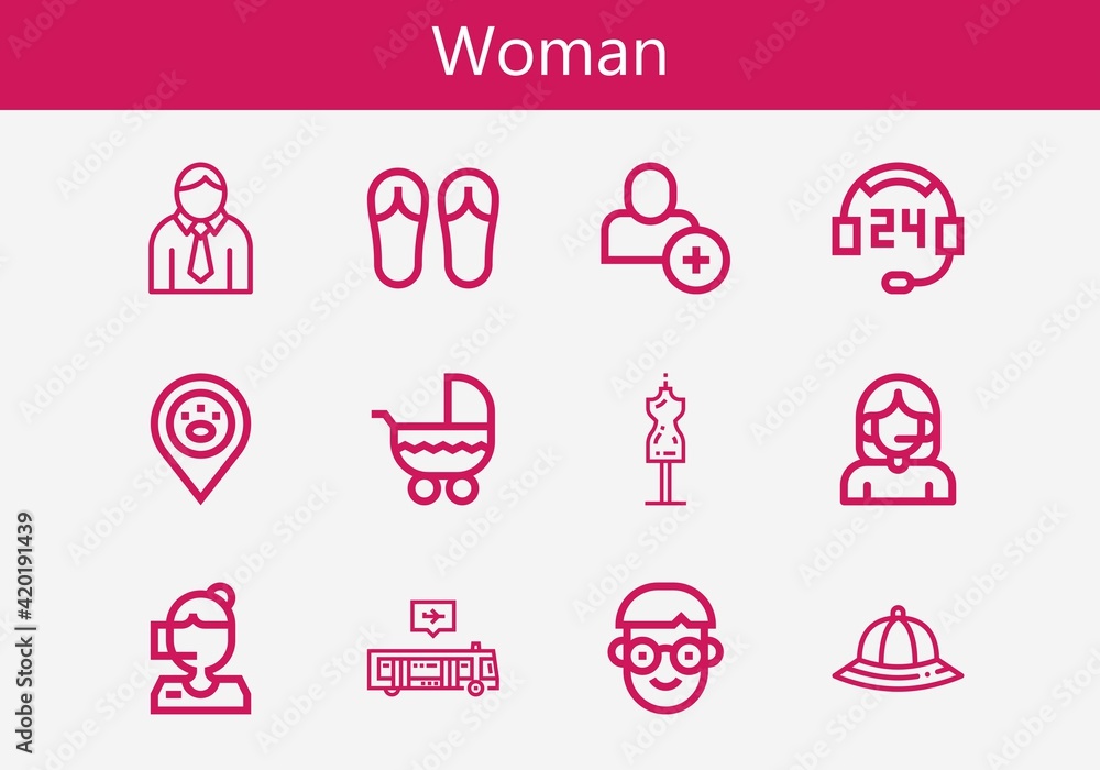 Premium set of woman line icons. Simple woman icon pack. Stroke vector illustration on a white background. Modern outline style icons collection of Add user, Stroller, Placeholder Premium set of woman line icons. Simple woman icon pack. Stroke vector illustration on a white background. Modern outline style icons collection of Add user, Stroller, Placeholder