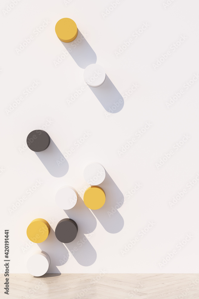 Abstract white background with geometric shape podium for product with shadow on wall. minimal concept yellow and gray. 3d rendering