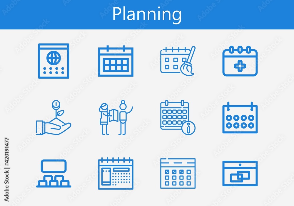 Premium set of planning line icons. Simple planning icon pack. Stroke vector illustration on a white background. Modern outline style icons collection of Calendar, Schedule Premium set of planning line icons. Simple planning icon pack. Stroke vector illustration on a white background. Modern outline style icons collection of Calendar, Schedule