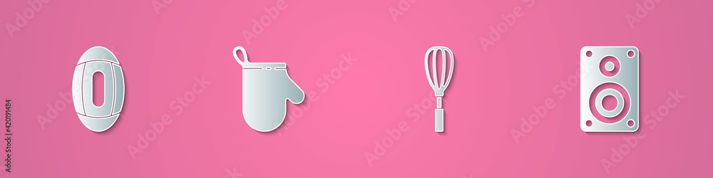 Set paper cut American Football ball, Oven glove, Kitchen whisk and Stereo speaker icon. Paper art style. Vector Set paper cut American Football ball, Oven glove, Kitchen whisk and Stereo speaker icon. Paper art style. Vector