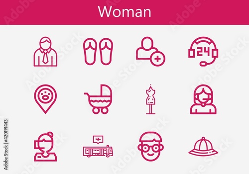 Premium set of woman line icons. Simple woman icon pack. Stroke vector illustration on a white background. Modern outline style icons collection of Add user, Stroller, Placeholder