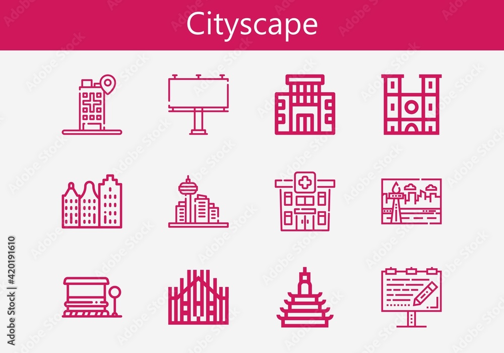 Premium set of cityscape line icons. Simple cityscape icon pack. Stroke vector illustration on a white background. Modern outline style icons collection of Building