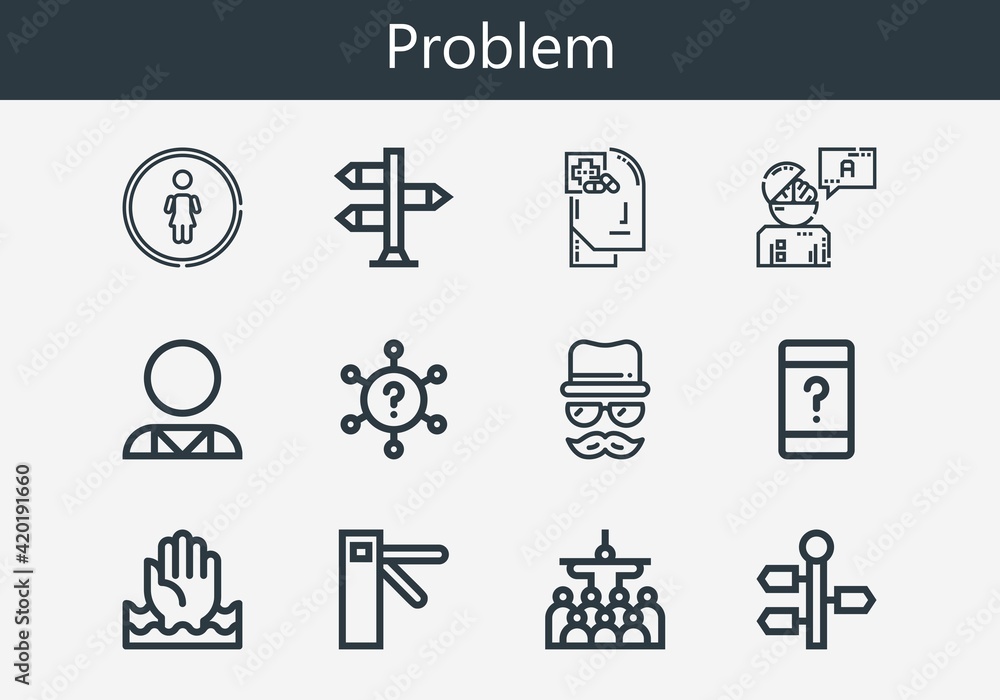 Premium set of problem line icons. Simple problem icon pack. Stroke vector illustration on a white background. Modern outline style icons collection of Mass, Answer, Disguise Premium set of problem line icons. Simple problem icon pack. Stroke vector illustration on a white background. Modern outline style icons collection of Mass, Answer, Disguise