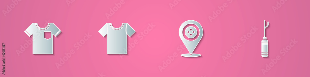 Set paper cut T-shirt, , Location tailor shop and Awl tool icon. Paper art style. Vector Set paper cut T-shirt, , Location tailor shop and Awl tool icon. Paper art style. Vector