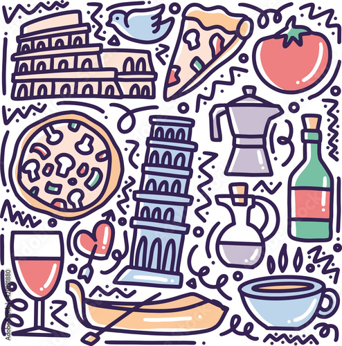 Photography doodle set of italy holidays hand drawing